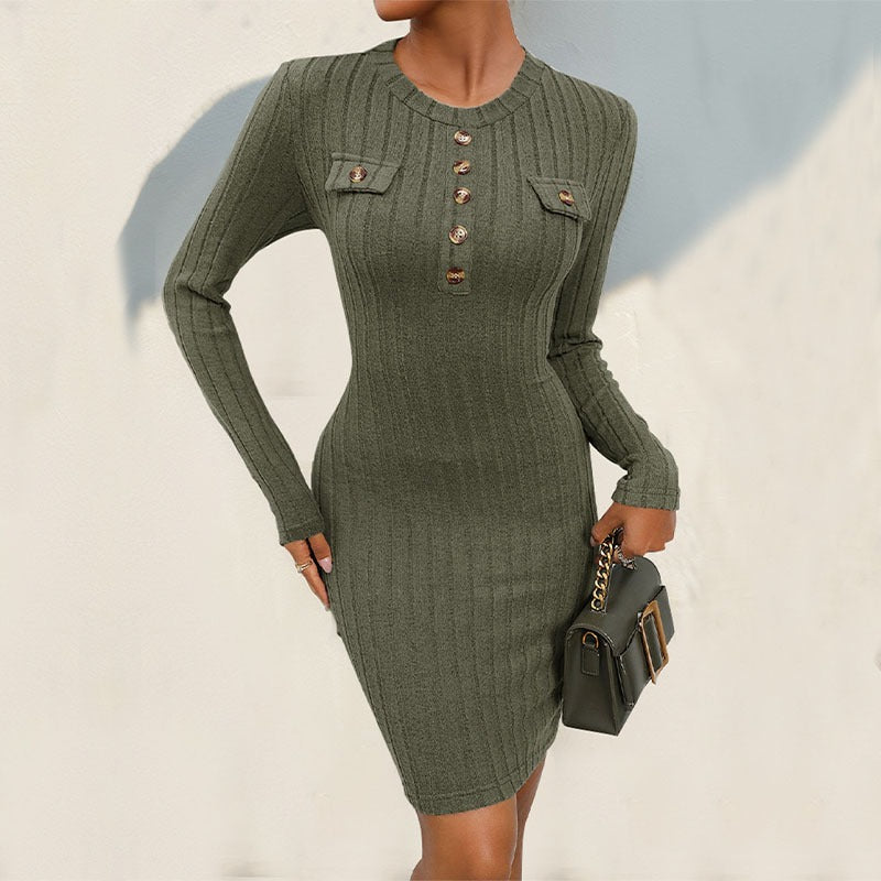 Long Sleeve Knitted Slim Fit Crewneck Dress