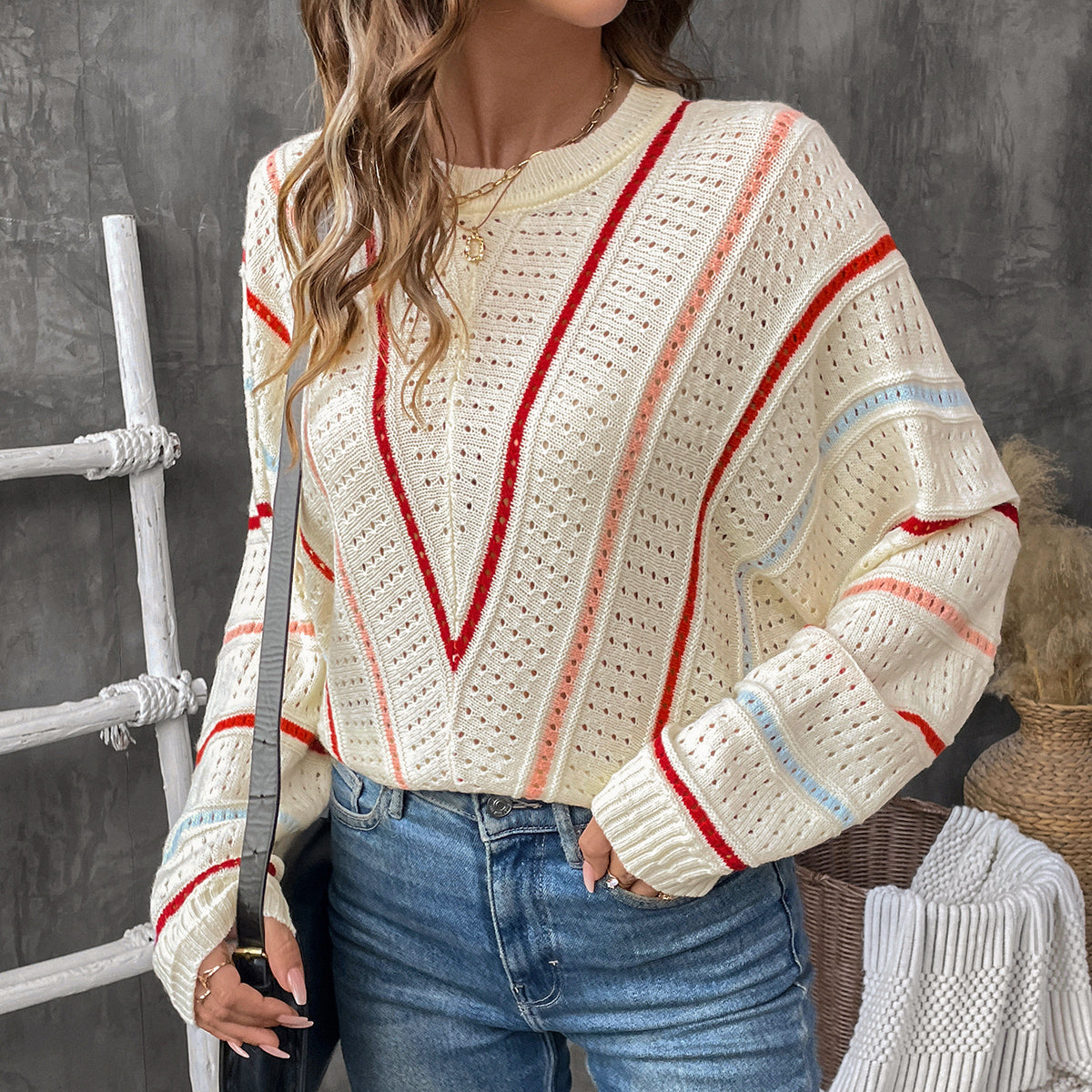 Women's Long Sleeve Crew Neck Knit Textured Loose Casual Fall Sweater