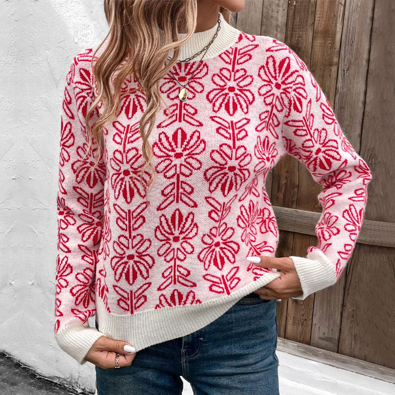 Women's 2024 Cute Elegant Floral Printed Pullover Tops Sweater