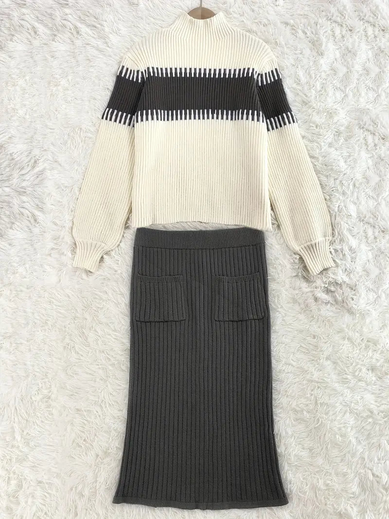 Casual Ribbed Two-piece Sets Midi Color Block Knit Sweater Outfits