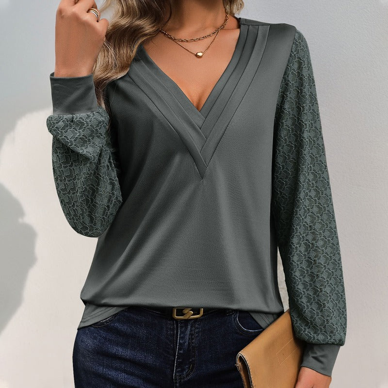 Casual V Neck Ruffle Long Sleeve Tops Solid Color Blouses