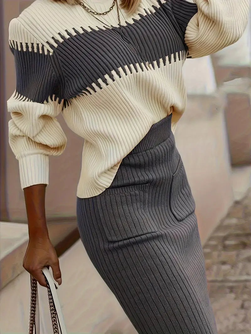 Casual Ribbed Two-piece Sets Midi Color Block Knit Sweater Outfits