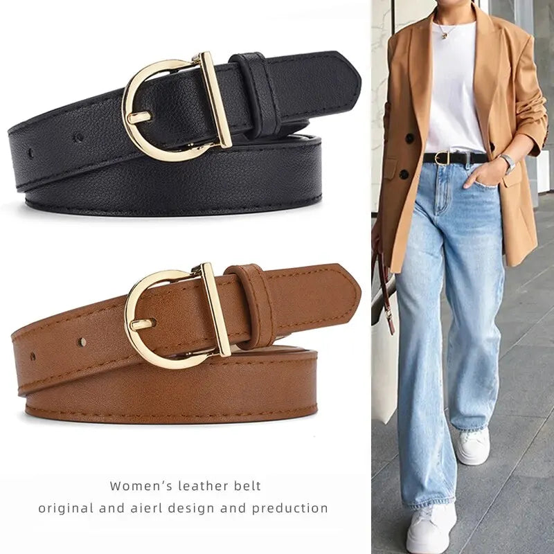 Luxury Soft Fashion Pin Buckle Women's Belt with Cargo Pants Jeans Windproof PU Leather Belts