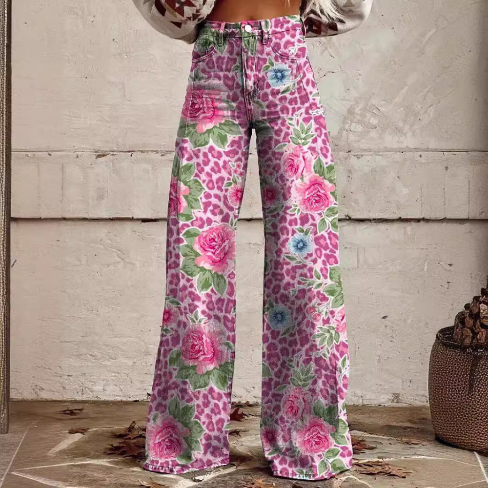 Floral Bootcut Trousers Casual Chic Wide Leg Pants