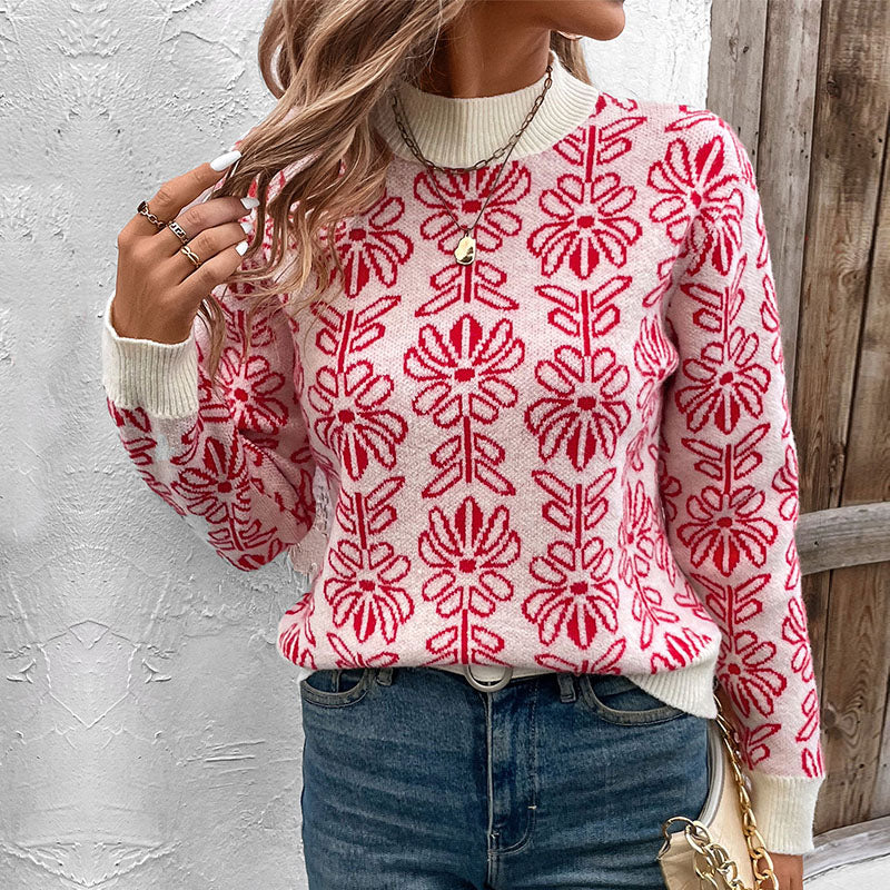 Women's 2024 Cute Elegant Floral Printed Pullover Tops Sweater