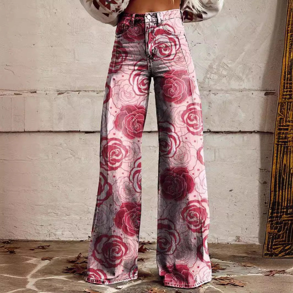 Floral Bootcut Trousers Casual Chic Wide Leg Pants